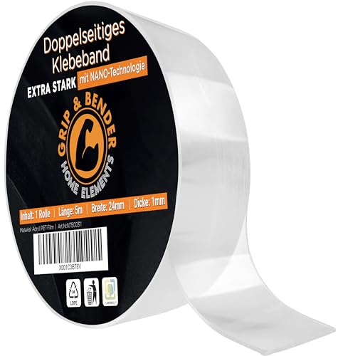 GRIP&BENDER Doppelseitiges Klebeband - 5 Meter x 24MM Nano Tape Doppelseitig Transparent – Spurloses Nano Klebeband – Multifunktionales Rutschfestes Nanotape extra dünn (1mm) Ultra Stark von GRIP&BENDER