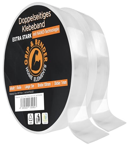 Doppelseitiges Klebeband - Nano Tape Doppelseitig Transparent und Extra stark – Spurloses Nano Klebeband – Multifunktionales Rutschfestes Nanotape extra dünn (1mm) (2 x 5 Meter (10mm Breite)) von GRIP&BENDER