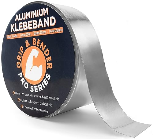 GRIP&BENDER Schmales Aluminium Klebeband zum Abdichten - Wasserdichtes Alu-Klebeband mit 23mm Breite - Selbstklebendes Alu-Tape für Dampfsperre Alu-Band (23mm x 20m) von GRIP&BENDER