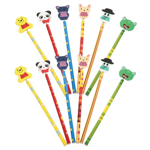 GRIRIW 12er Set Bunte Holzbleistifte Mit Radiergummi Niedliche Cartoon Tiermotive Für Schulbedarf Geschenkideen Für Kindergeburtstage Zufällige Muster von GRIRIW