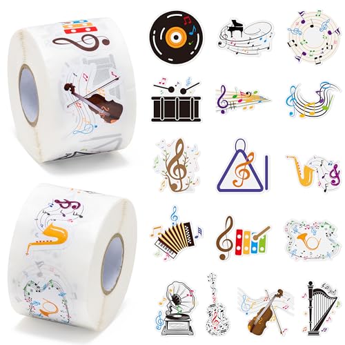 GROBRO7 Musik Aufkleber Rollen Set - 1000 Stück Musikalische Note Aufkleber, 16 Stile Cartoon geformte Belohnungsaufkleber Niedliche Scrapbook Laptop Gitarre Dekor für DIY Labels Crafts Gift Pack Wrap von GROBRO7