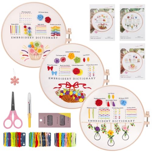 GROOFOO Stickset für Anfänger,Sticken Set Erwachsene mit Stickrahmen,Embroidery Kit,3 Stück Stickerei mit Blumenmuster,DIY Kit mit Schere,Sticknadeln,Nadeleinfädler,Farbiger Faden,Stickanleitung von GROOFOO