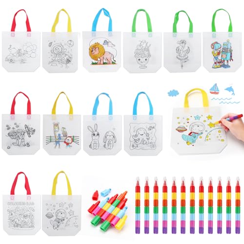 Stoffbeutel zum Bemalen, 12 Stück Non-Woven Tasche Zum Bemalen, Kinder Stoffbeutel Set, DIY Graffiti Taschen mit 12 Stapelbare Wachsmalstifte, Beutel zum Bemalen Tasche Kinder für Kindergeburtstag von GROOFOO