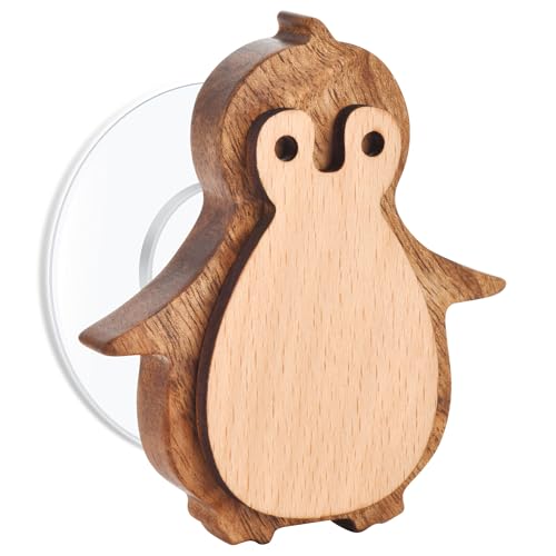 GROOHAFY Holz Kinder Kleiderhaken Selbstklebend Wandhaken zum Schrauben Klebehaken Extra Stark zum Einhängen Türhaken Kindergarderobe Möbelknöpfe Hakenleiste für Küche Wohnzimmern (Groß Pinguin) von GROOHAFY