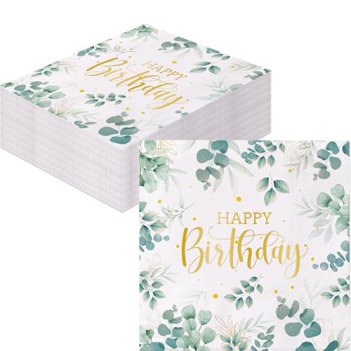 40Stück Servietten Geburtstag Deko,Tischdeko Geburtstag Eukalyptus,Kommunion, Taufe Happy Birthday Napkins Papierservietten Papier Napkins für Party FarbeGrün Golden Größe Ist 33x33cm von GROVBLE