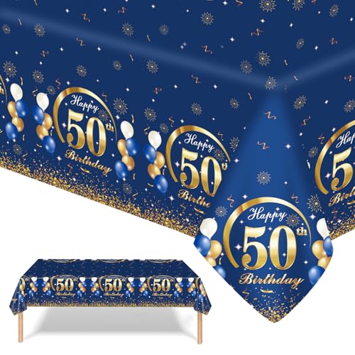 GROVBLE 2 Stück Tischdecken 50. Geburtstag,Blau Gold 50. Geburtstagsfeier Tischdecke,Happy Birthday Tischdecke Abwischbar Rechteckige Tischdecke für Mann Frauen Geburtstag Party Dekor 137x274cm von GROVBLE