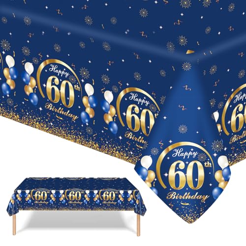 GROVBLE 2 Stück Tischdecken 60 Geburtstag,Blau Gold 60 Geburtstagsfeier Tischdecke,Happy Birthday Tischdecke Abwischbar Rechteckige Tischdecke für Mann Frauen Geburtstag Party Dekor 137x274cm von GROVBLE