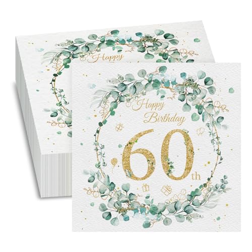 GROVBLE 40 Stück,servietten 60 geburtstag,servietten geburtstag,servietten eukalyptus grün,Happy Birthday Servietten,für deko 60 geburtstag mädchen Junge Geburtstag Feiern Party Jubil,33 x 33cm von GROVBLE