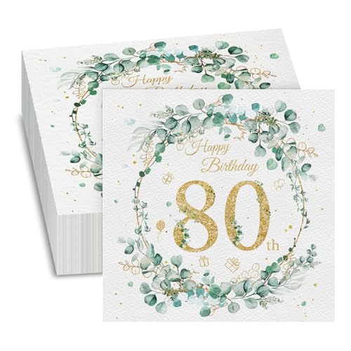 GROVBLE 40 Stück,servietten 80 geburtstag,servietten geburtstag,servietten eukalyptus grün,Happy Birthday Servietten,für deko 80 geburtstag mädchen Junge Geburtstag Feiern Party Jubil,33 x 33cm von GROVBLE