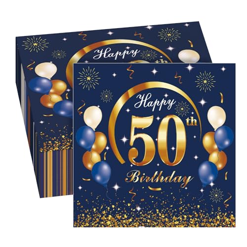 GROVBLE 40 Stück Servietten 50 Geburtstag mann,50 Geburtstagsdeko Servietten Blau,Servietten 50 Geburtstag Frau,Happy Birthday Servietten,Servietten Geburtstag,50 Geburtstag Servietten,33 x 33cm von GROVBLE