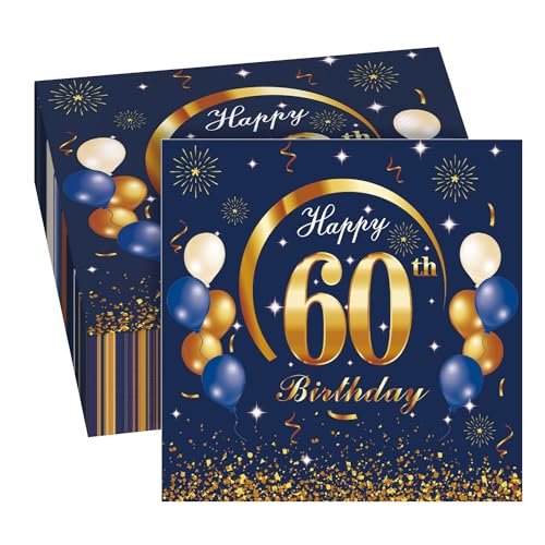 GROVBLE 40 Stück Servietten 60 Geburtstag mann,60 Geburtstagsdeko Servietten Blau,Servietten 60 Geburtstag Frau,Happy Birthday Servietten,Servietten Geburtstag,60 Geburtstag Servietten,33 x 33cm von GROVBLE