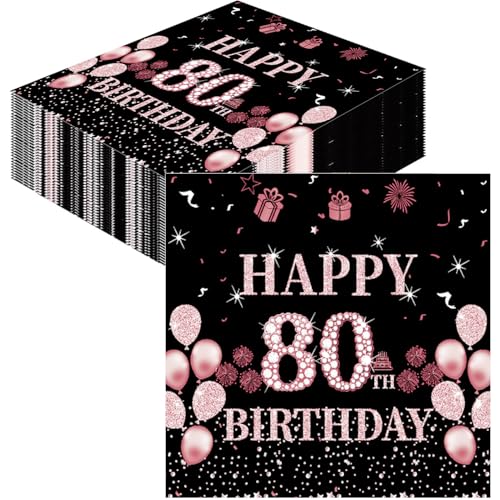 GROVBLE 40 Stück Servietten 80 Geburtstag,80 Geburtstagsdeko Servietten,Servietten 80 Geburtstag Frau,Happy Birthday Servietten,Rosegold Servietten Geburtstag,80 Geburtstag Servietten,33 x 33cm von GROVBLE