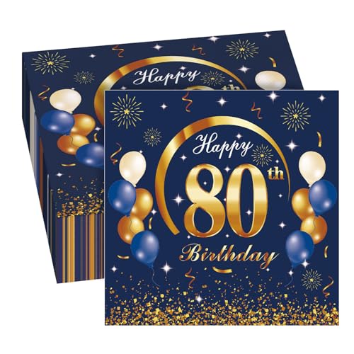 GROVBLE 40 Stück Servietten 80 Geburtstag mann,80 Geburtstagsdeko Servietten Blau,Servietten 80 Geburtstag Frau,Happy Birthday Servietten,Servietten Geburtstag,80 Geburtstag Servietten,33 x 33cm von GROVBLE