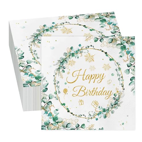 GROVBLE 40 Stück Servietten Geburtstag,Eukalyptus Grün Happy Birthday Servietten,Geburtstag Tischdeko,für Deko Geburtstag Frau Feiern Party Jubil,Grüne Papierserviette,33 x 33cm von GROVBLE