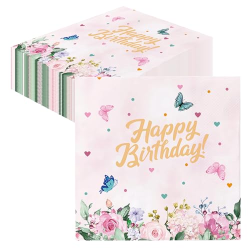 GROVBLE 40 Stück Servietten Geburtstag,Servietten Schmetterling Servietten Happy Birthday party dekorationen rosa süßer Stil für Mädchengeburtstag Party Tischdekorationen 33x33cm von GROVBLE