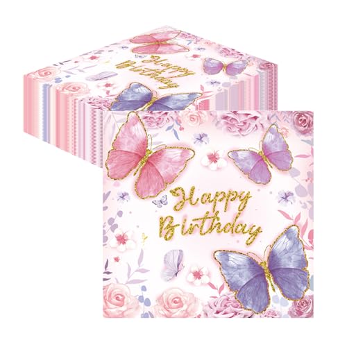 GROVBLE 40 Stück Servietten Geburtstag,Servietten Schmetterling Servietten Happy Birthday party dekorationen süßer Party Tischdekorationen 33x33cm rosa frau mädchen servietten bunt von GROVBLE