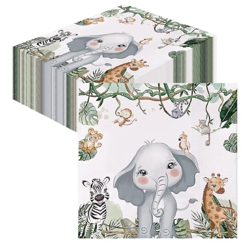 GROVBLE 50 Stück Servietten Kindergeburtstag,Servietten Dschungel,Jungen Tischdeko Grün für Papierserviette Zootiere Happy Birthday Kindergeburtstag und servietten Tiere 33x33cm… von GROVBLE