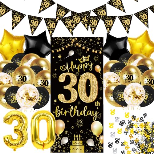 GROVBLE Deko 30 Geburtstag Mann Frau,30 Geburtstag Deko,30 Geburtstag Männer,30. Geburtstag Deko Lange Banner Hintergrund und Schwarz Gold,30 Luftballons,Deko 30. Geburtstag Konfetti Luftballons von GROVBLE