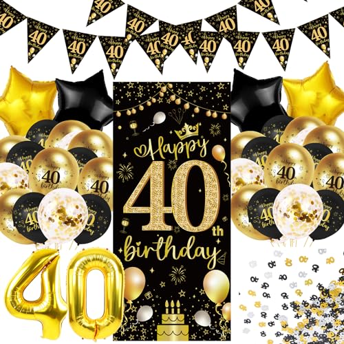 GROVBLE Deko 40 Geburtstag Mann Frau,40 Geburtstag Deko,40 Geburtstag Männer,40. Geburtstag Deko Lange Banner Hintergrund und Schwarz Gold,40 Luftballons,Deko 40. Geburtstag Konfetti Luftballons von GROVBLE