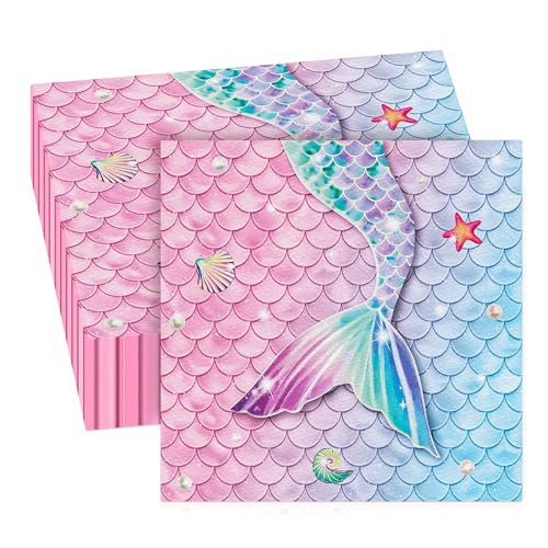 GROVBLE Meerjungfrau Servietten 40 Stück Meerjungfrau Geburtstag Dekoration Meerjungfrau, Servietten Meerjungfrau für Mädchen Party Tissues, Geburtstag Party Dekoration Zubehör 33 x 33 cm von GROVBLE