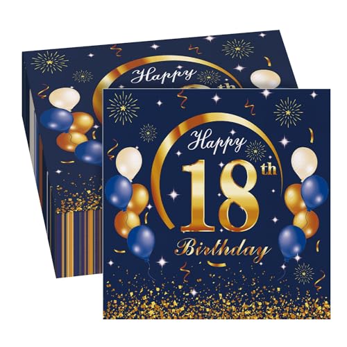 GROVBLE Servietten 18 Geburtstag 40 Stück Blau Servietten 18. Geburtstag Junge Deko,Happy Birthday Geburtstagsservietten,18 Geburtstag Mädchen Junge Jubiläum Servietten,33 x 33cm (18 Jahre alt) von GROVBLE