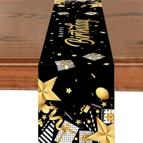 GROVBLE Tischläufer Geburtstag,Happy Birthday Tischläufer,Schwarz Gold Geburtstag Dekoration,Tischdekoration Tischdecke Geburtstag für Junge Männer Geburtstag Dekoration 180 x 35 cm… von GROVBLE