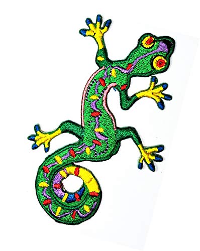 Grüner Salamander Gecko Tier Cartoon Fantasy Patch Skink Gecko Salamander Leguan Chamäleon Eidechse Retro Hippie Boho 70er Jahre bestickte Applikation Aufbügler Patch für Abzeichen DIY Handarbeit von GS912 Fantasy cartoon Patch