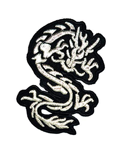 Silberner Drache bestickte Applikation zum Aufbügeln oder Aufnähen, Drache, japanischer chinesischer Kung Fu, Yakuza, Yin Yang, Cartoon, Kinder-Stickerei, zum Aufbügeln oder Aufnähen, Logo, Jacke, von GS912 Fantasy cartoon Patch