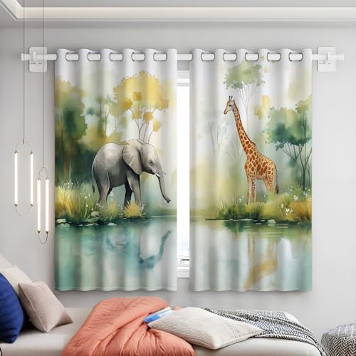 Dschungeltiere Verdunklungsvorhänge – Vorhänge mit Cartoon Elefant Giraffe Dekoration, Zuhause geeignet für Schlafzimmer Wohnzimmer, 2-teiliges Set Kinder-und Jugendzimmer (245x140 cm(HöhexBreite) ) von GSAEIMCT