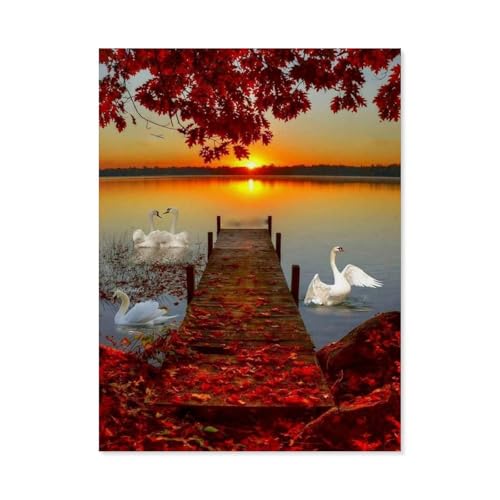 GSBRSNTS 5D DIY Diamond Painting Set，Schwan See Brücke Sonnenuntergang，Runder Diamant Kreuzstich, Mosaik Raumdekoration Malerei（50 x 60 cm/19.68 x 23.62 Zoll）-E4 von GSBRSNTS