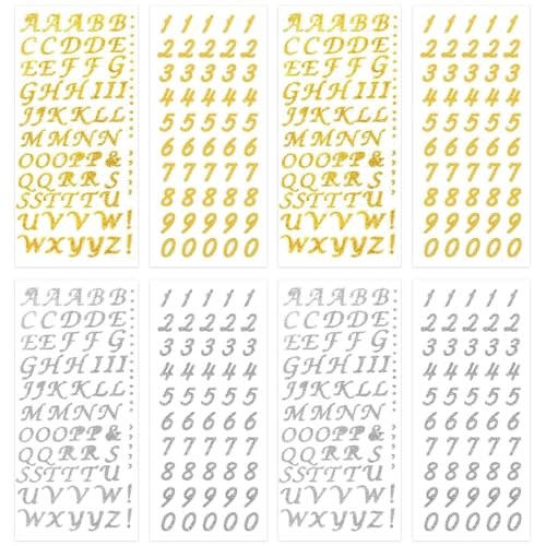 8 Blatt Glitzer Alphabet Buchstaben Zahlen Aufkleber, Selbstklebende Gold Alphabet Zahlen Aufkleber, PVC Gold Buchstaben Zahlen Aufkleber für DIY Handwerk Scrapbooking Kunstherstellung von GSDGV