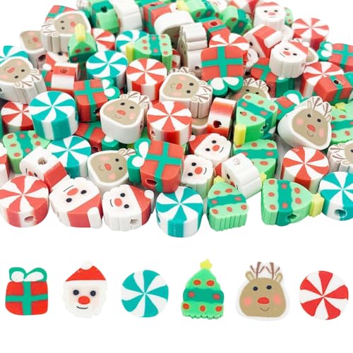 GSHLLO 100 Stück weihnachtliche farbige Polymer-Ton-Perlen, handgefertigt, Cartoon-Perlen, Armband, Halskette, Bastelperlen, Schmuckherstellung, DIY-Charms von GSHLLO