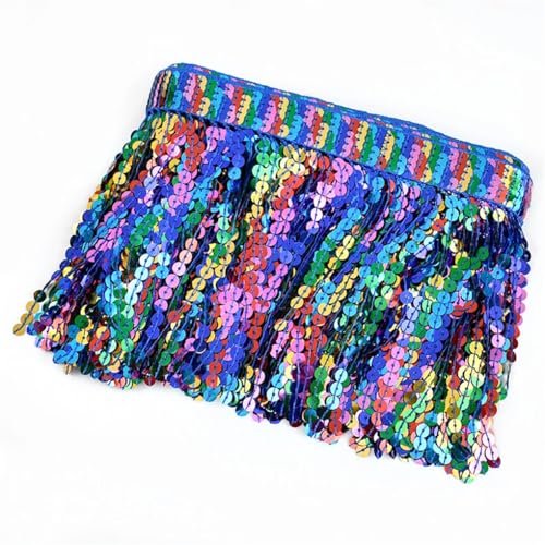 Fransenbesatz，Tanzkostüm Fransenbesatz 1/2 Yards 16 cm Paillettenquaste Fransenbesatz Regenbogen Retro Ethnische Bänder Latein Tanzkleid Kleidung Rockbesatz Nähmaterial(Blu,16cm 1Yard) von GSHUPIOU