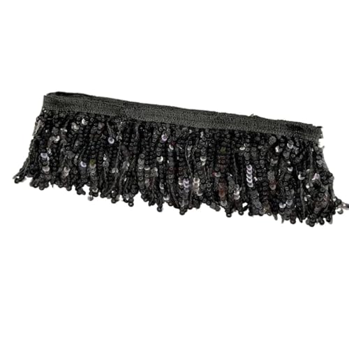 Fransenbesatz，Tanzkostüm Fransenbesatz 2 Yards 8 cm Pailletten-Quastenspitze for Nähen von Kleidung, Hochzeitskleid, Fransenband, Vorhang, dekorative Schnürsenkel, DIY-Kleidungszubehör(Black) von GSHUPIOU