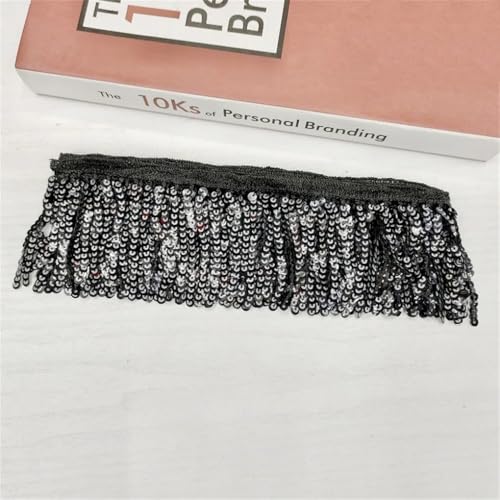 Fransenbesatz，Tanzkostüm Fransenbesatz 2 Yards 8 cm Pailletten-Quastenspitze for Nähen von Kleidung, Hochzeitskleid, Fransenband, Vorhang, dekorative Schnürsenkel, DIY-Kleidungszubehör(Black Silver) von GSHUPIOU