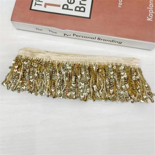 Fransenbesatz，Tanzkostüm Fransenbesatz 2 Yards 8 cm Pailletten-Quastenspitze for Nähen von Kleidung, Hochzeitskleid, Fransenband, Vorhang, dekorative Schnürsenkel, DIY-Kleidungszubehör(Light Gold) von GSHUPIOU