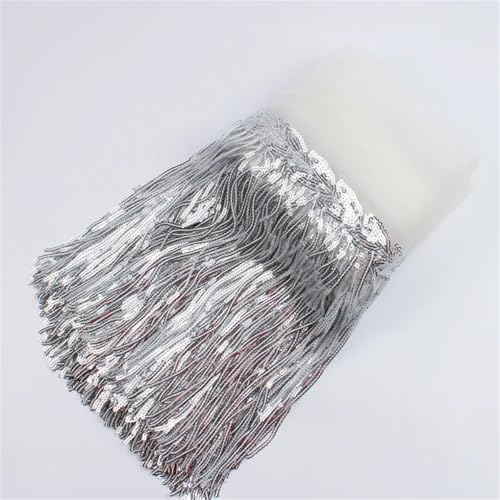 Fransenbesatz，Tanzkostüm Fransenbesatz 20 cm x 10 Yards Bunte Pailletten Quaste Spitze Trim Glitter Fringe Band Dance Performance DIY Dekoration Kleidung Nähen Fransen(Silver) von GSHUPIOU