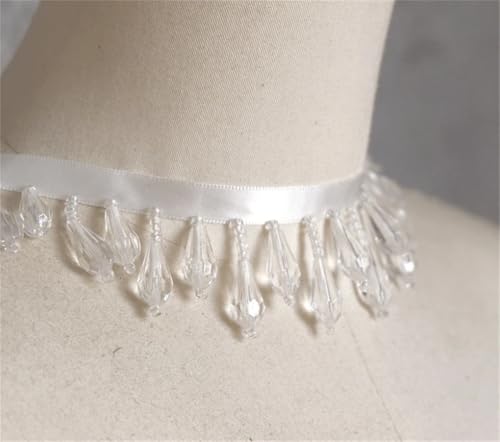 Fransenbesatz，Tanzkostüm Fransenbesatz 4cm Wassertropfen Kristall Anhänger Perlen Spitze Trim Quaste Fringe DIY Bühnenvorhang Hochzeit dekorative Accessoires(White) von GSHUPIOU