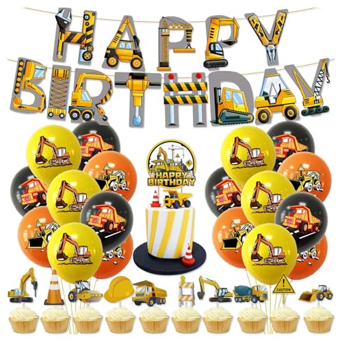 Bagger Deko Baustellen Geburtstagdeko Junge, BAU Party Dekoration, Baustelle Luftballons Geburtstag mit Bagger Happy Birthday Banner und Bagger Kuchen Deko von GSHUR