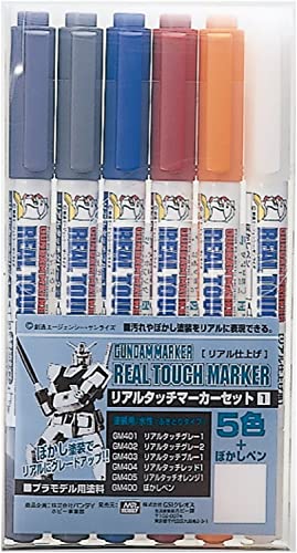 ＭＲ．ＨＯＢＢＹ＼ミスターホビー GMS112 Gundam Real Touch Marker Set 1, Filzstifte, Zum Bemalen von Gunpla, 5 Farben & GM400 Grading Marker, 6er Set, Extra fein, Fein von GSI Creos