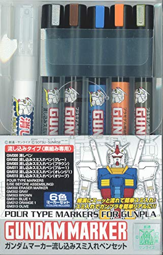 ＭＲ．ＨＯＢＢＹ＼ミスターホビー GMS122 Gundam Pouring Inking Pen Set, Pour Type, Filzstifte, Zum Bemalen von Gunpla, 5 Farben & GM300 Erasure Marker, 6er Set, Fein, Schwarz von GSI Creos