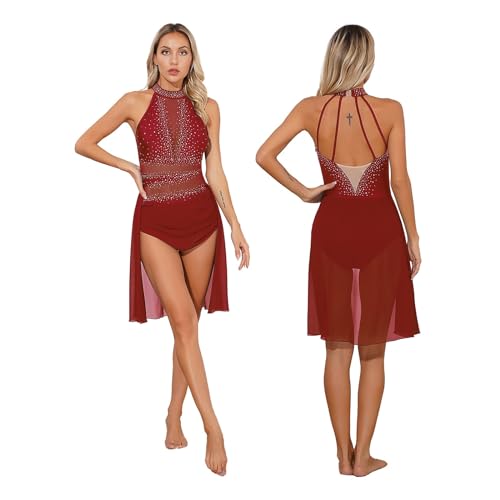 GSJNHY Lyric Clothing Ballettkleid für Damen, Lyrical Dance Performance, Glitzer, Strass, rückenfrei, modernes Kleid, durchscheinendes Netzstoff, Stehkragen, Turnanzug, Kleider (Burgundy A, XL) von GSJNHY