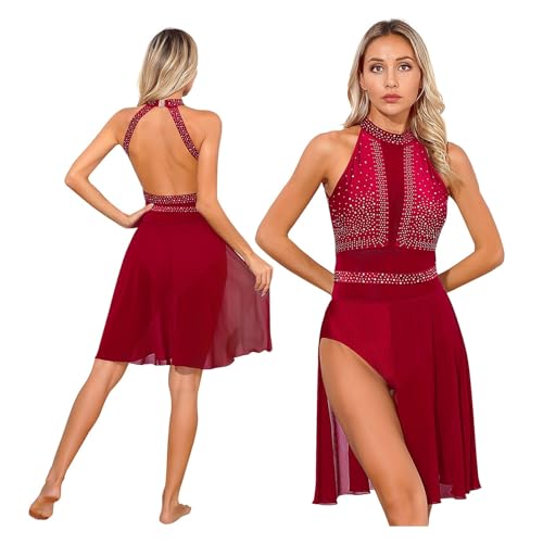 GSJNHY Lyric Clothing Ballettkleid für Damen, Lyrical Dance Performance, Glitzer, Strass, rückenfrei, modernes Kleid, durchscheinendes Netzstoff, Stehkragen, Turnanzug, Kleider (Burgundy C, M) von GSJNHY