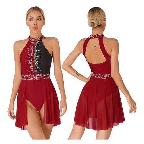 GSJNHY Lyric Clothing Ballettkleid für Damen, Lyrical Dance Performance, Glitzer, Strass, rückenfrei, modernes Kleid, durchscheinendes Netzstoff, Stehkragen, Turnanzug, Kleider (Burgundy D, M) von GSJNHY