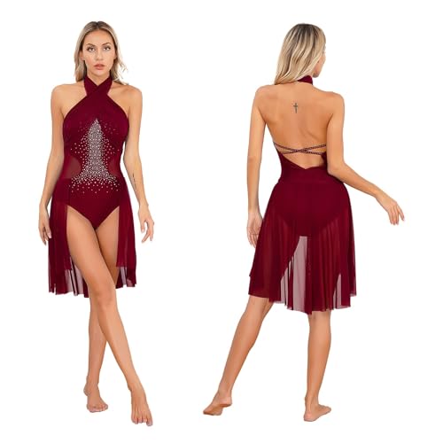 GSJNHY Lyric Clothing Ballettkleid für Damen, Lyrical Dance Performance, Glitzer, Strass, rückenfrei, modernes Kleid, durchscheinendes Netzstoff, Stehkragen, Turnanzug (Burgundy B, M) von GSJNHY