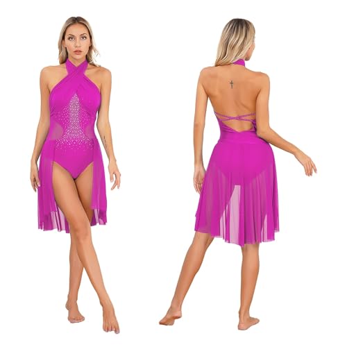 GSJNHY Lyric Clothing Damen Ballettkleid, Lyrisches Tanzkostüm, Glitzer, Strass, rückenfrei, modernes Kleid, durchscheinendes Netzstoff, Stehkragen, Turnanzug, Kleider (Hot Pink B, L) von GSJNHY