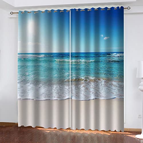 GSKOQD Blickdichte Vorhänge Verdunkelungsvorhang Ösenvorhang 3D Druck Strand-Meer-Landschaft Muster Gardinen Kinderzimmer Schlafzimmer Schallschutz Thermovorhang 140X160Cm (B X H) 2 Stücke von GSKOQD