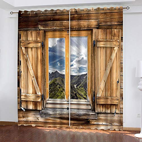 GSKOQD Verdunkelungsvorhang Kinderzimmer Junge Mädchen Blickdichter Ösenvorhang 200X200Cm (B X H) 3D Digitaldruck Holzfenster Alpenlandschaft Ösenschal 2Er Set, Vorhänge Schlafzimmer Thermo Gardine von GSKOQD