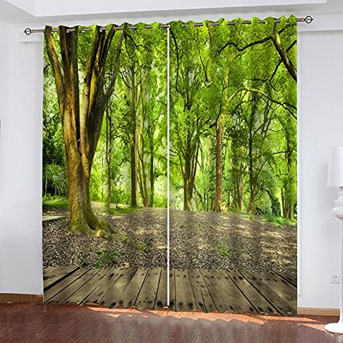 GSKOQD Vorhänge Wohnzimmer Blickdicht Gardinen Verdunkelungsvorhang Schlafzimmer Kinderzimmer Thermovorhang Digitaldruck 3D Grüne Waldlandschaft Ösenschal 2Er Set - 200 X 200 cm（H X B） von GSKOQD