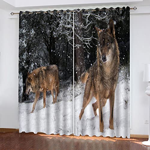 GSKOQD Vorhang Blickdicht Vorhänge Verdunkelungsvorhang Gardinen Mit Ösen Kinderzimmer Wohnzimmer Schlafzimmer Thermovorhang 3D Waldtier-Wolf-Schneeszene Ösenschal 2Er Set 240X230Cm (B X H) von GSKOQD